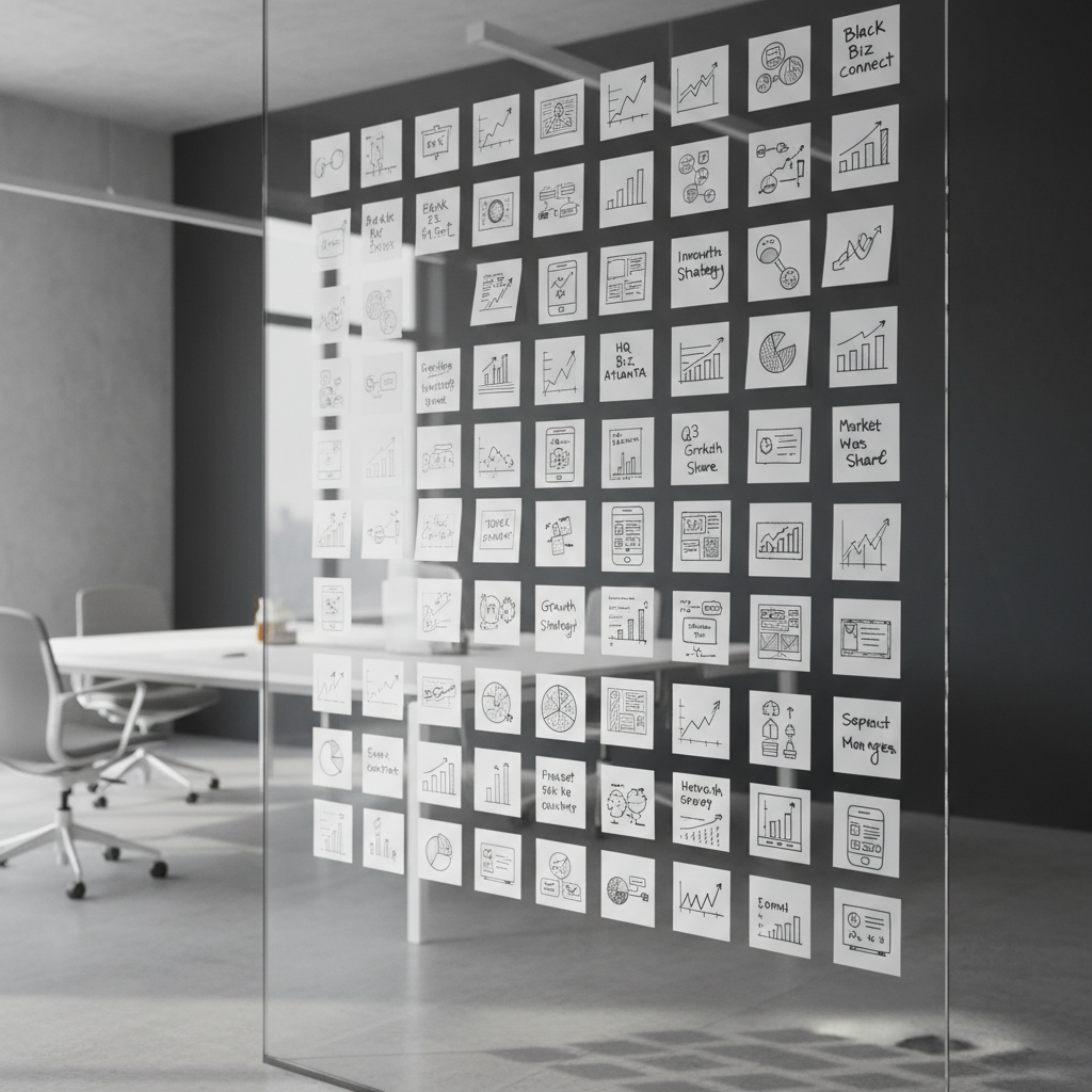 A large, frameless glass wall covered in neatly arranged transparent sticky notes, each featuring crisp icons and wireframe sketches of business ideas, charts, and growth plans in black marker. The glass divides a minimalist, modern workspace with matte charcoal walls and clean white desks in the softly blurred background. Soft, cool daylight enters from unseen windows, casting gentle reflections on the glass and subtle shadows of the notes onto the floor. Photographic realism with a slightly elevated, three-quarter angle, emphasizing depth and clarity. The atmosphere is focused and innovative, suggesting structured brainstorming and strategic planning for a professional Black business network in Atlanta.