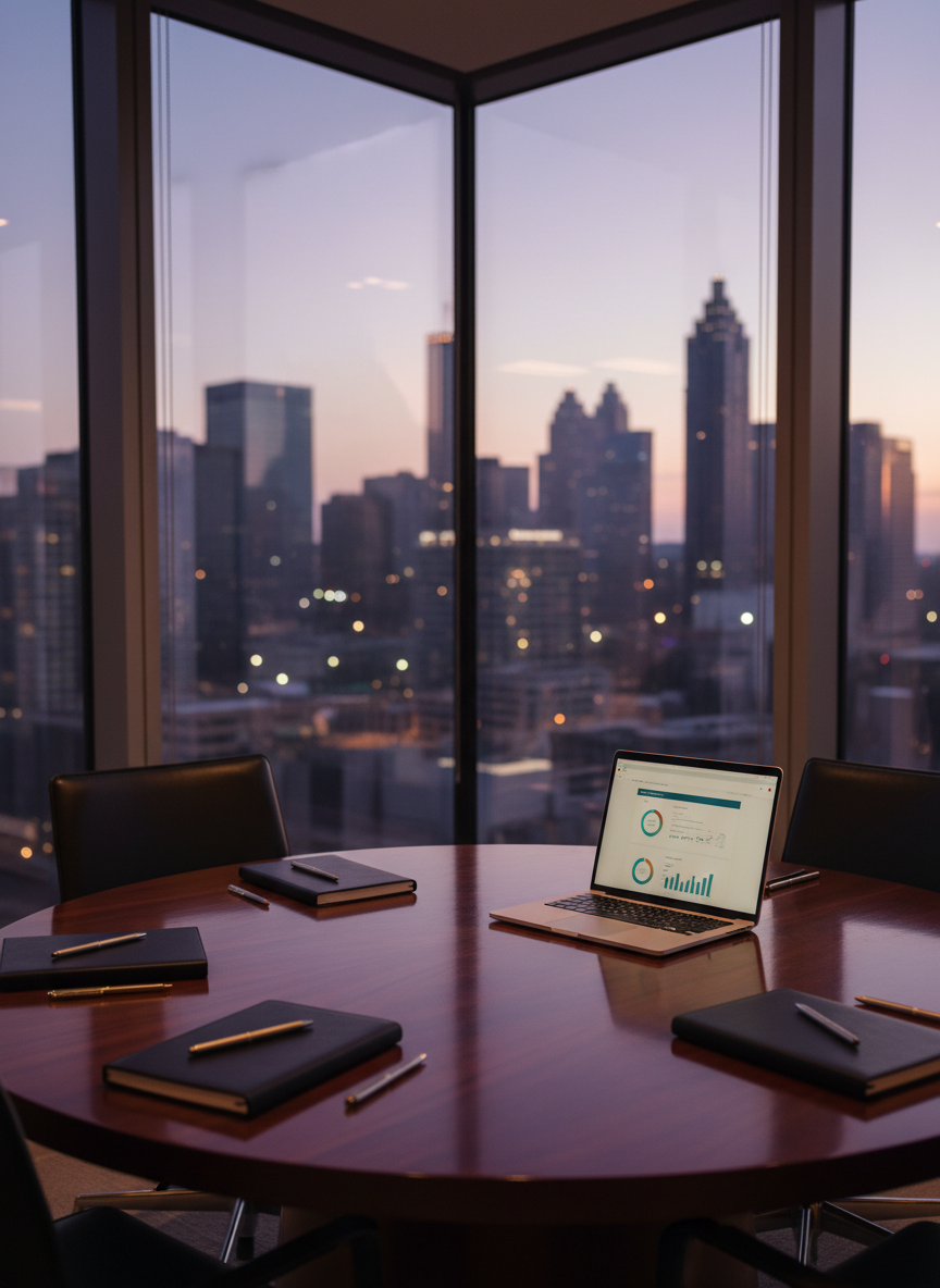 A polished round conference table made of rich dark walnut wood, its surface meticulously organized with sleek black notebooks, brushed metal pens, and a single open laptop showing a clean business dashboard interface. The table stands in a high-rise corner office overlooking a softly blurred Atlanta skyline at dusk, with recognizable skyscraper silhouettes. Warm, diffused evening light filters through tall glass windows, creating subtle reflections on the table’s glossy finish. Photographic realism, eye-level composition with a slight angle, sharp focus on the table and soft bokeh city background. The mood is professional, aspirational, and collaborative, embodying a modern hub for strategic connection and growth.