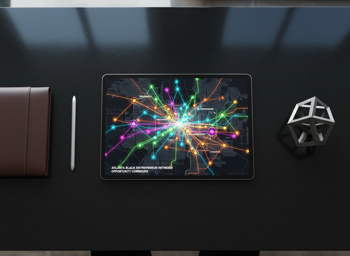 A sleek digital tablet lying on a smooth black stone tabletop, its bright screen displaying a detailed, colorful map of Atlanta with highlighted business districts, networking hubs, and connected lines forming a vibrant web of opportunity. Around the tablet, minimalist items include a silver stylus, a slim leather portfolio, and a small geometric metal sculpture hinting at modern design. Cool, diffused daylight from a nearby window casts gentle reflections on the screen and soft shadows from the objects. Photographic realism with a top-down, bird’s-eye composition emphasizing clarity and structure. The mood is strategic and forward-looking, representing an organized network guiding Atlanta’s Black entrepreneurs across the city.
