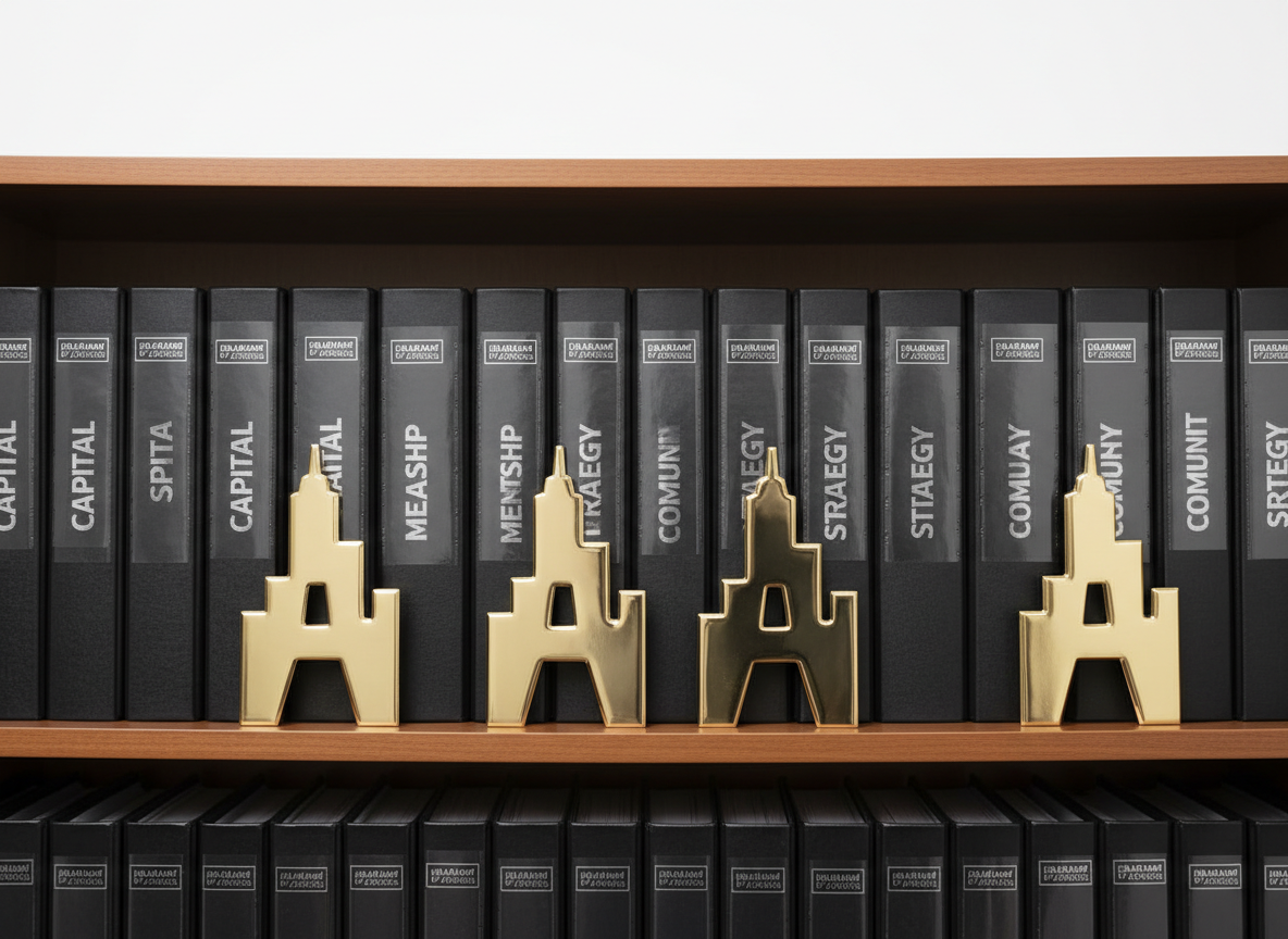 A close-up of a meticulously curated resource bookshelf featuring matte black binders with embossed silver labels such as “Capital”, “Mentorship”, “Strategy”, and “Community”, interspersed with a few carefully placed metallic gold bookends shaped like abstract Atlanta skyline silhouettes. The shelves are made of smooth, medium-tone wood against a clean white wall. Soft studio lighting from above and slightly to the left creates gentle highlights on the metallic elements and subtle shadows beneath each binder. Photographic realism, shot straight-on with sharp focus and shallow depth of field that gradually softens toward the edges. The mood is orderly, authoritative, and supportive, evoking a central knowledge hub for Black entrepreneurs.